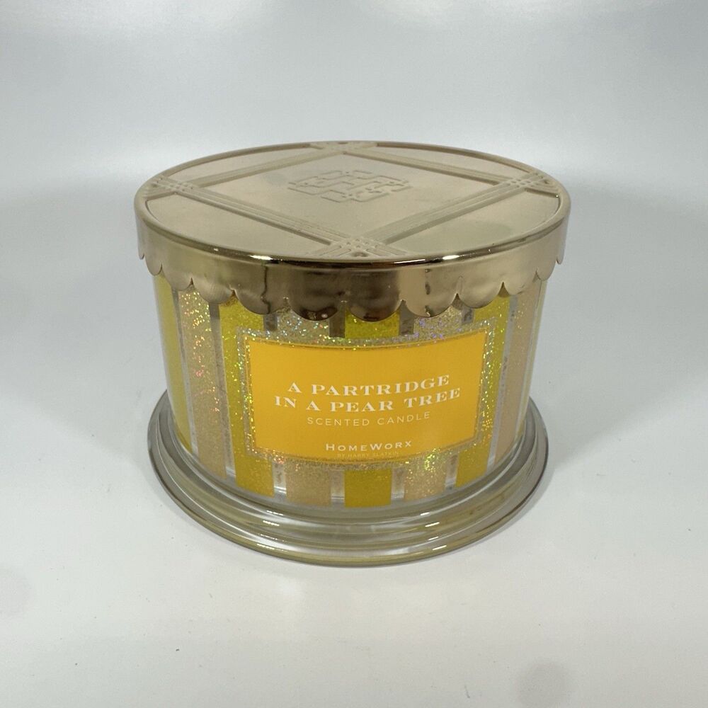 HomeWorx Partridge Pear Tree Candle 4 Wick Holiday Gold Jar 18oz NEW